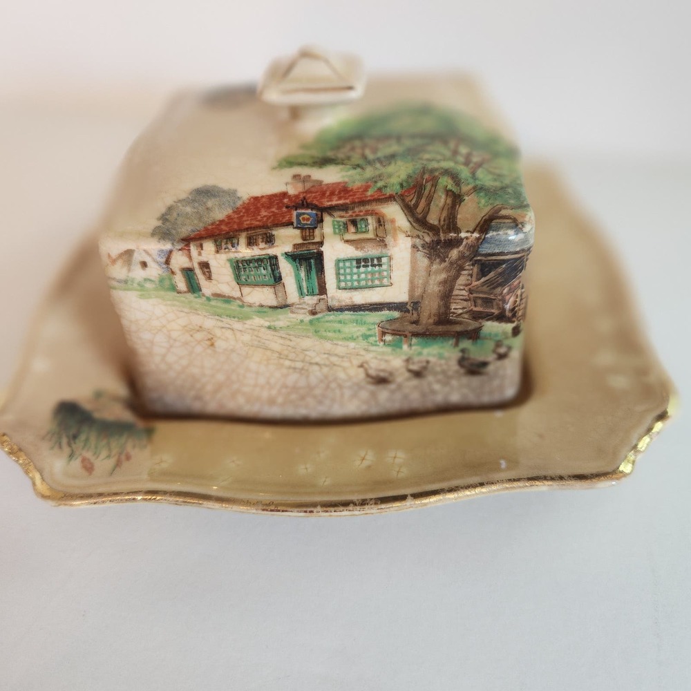 Royal Winton Grimwades Red Roof Cottage Covered Butter Dish Made in England